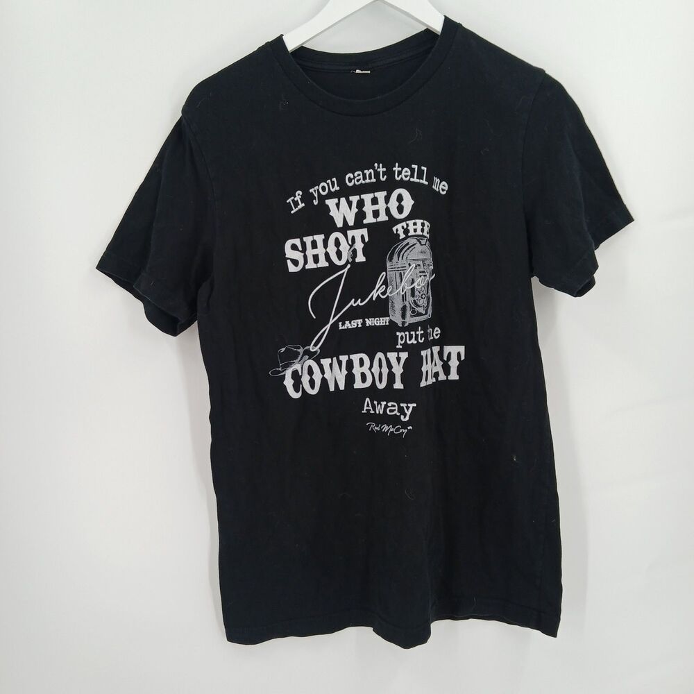 Mens Black Graphic T-Shirt Cowboy Hat Jukebox Country Song Lyric Size Large